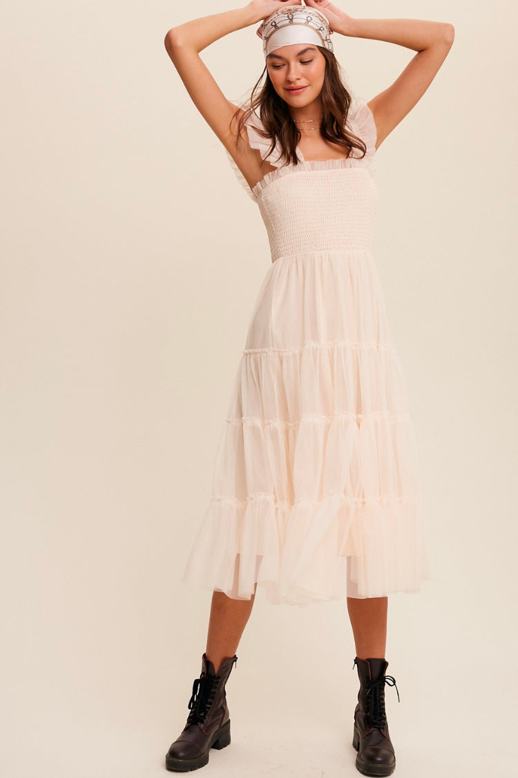 Women’s Midi Dress – Smocked Bodice – Tiered Mesh Skirt – Ruffled Sleeveless Design
