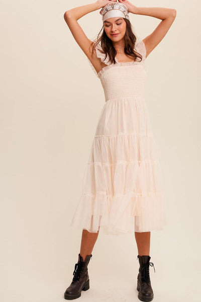 Women’s Midi Dress – Smocked Bodice – Tiered Mesh Skirt – Ruffled Sleeveless Design