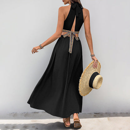 Women’s Halter Neck Dress – Cut-Out Waist – Knot Front – Flowy Midi Fit – Lightweight Fabric