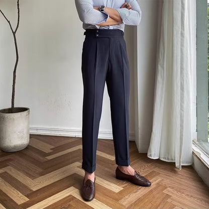 Men’s Tailored Trousers – High-Rise – Pleated Front – Cuffed Hem