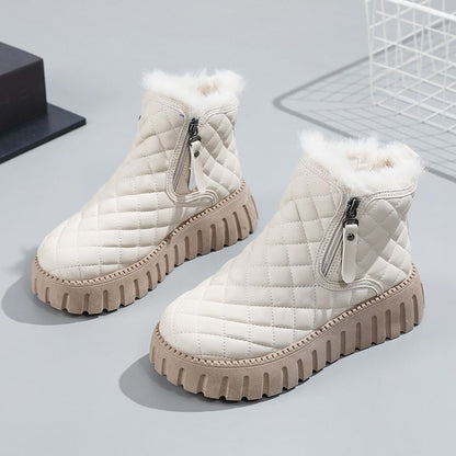 Women’s Ankle Boots – Quilted Upper – Faux Fur Lining – Side Zip Platform Sole