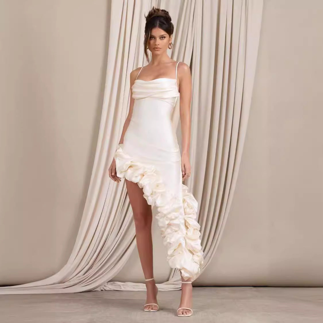 Women’s Evening Gown – Satin Fabric – Slim Fit – Asymmetric Hem – Spaghetti Straps