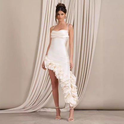 Women’s Evening Gown – Satin Fabric – Slim Fit – Asymmetric Hem – Spaghetti Straps