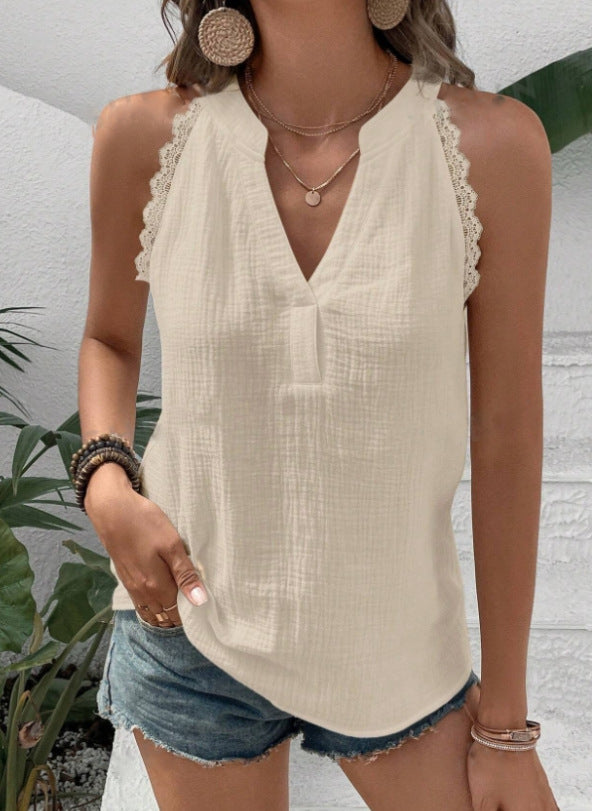 Women’s Sleeveless Top – Relaxed Fit – V-Neck – Lace Trim – Breathable Blend