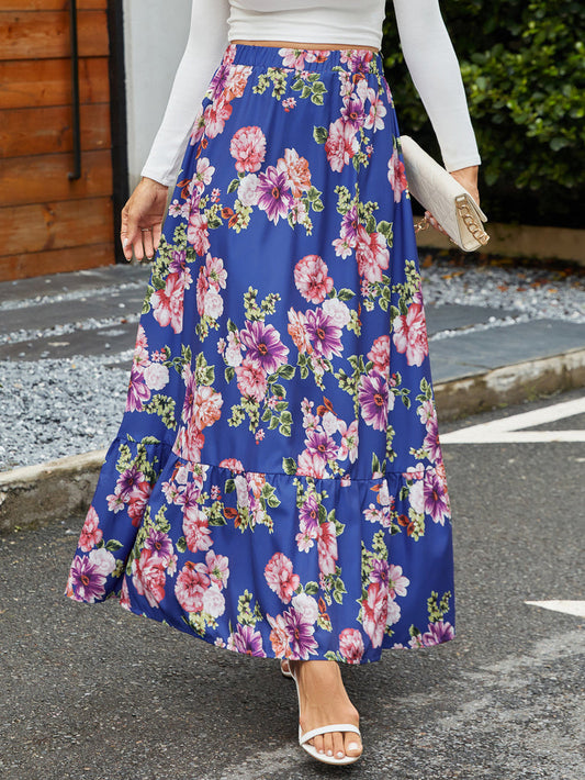 Women’s Maxi Skirt – Flowy Fit – Ruffled Hem – Elastic Waist – Floral Print