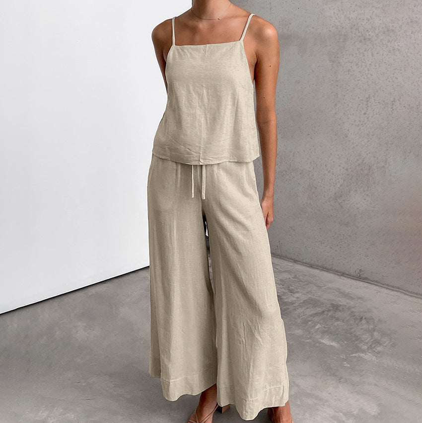 Women’s Two-Piece Set – Cotton Linen Blend – Relaxed Fit – Sleeveless Top & Wide-Leg Trousers