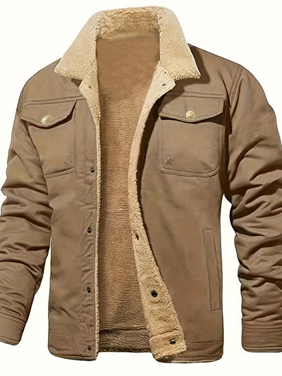 Men’s Sherpa-Lined Jacket - Button Up - Wide Collar - Warm Casual Outerwear