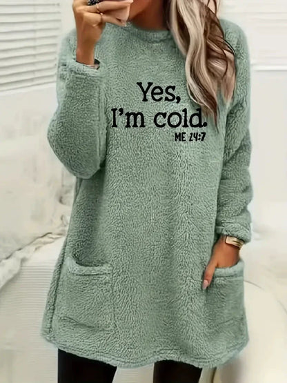 Women’s Oversized Sweatshirt – Double-Sided Fleece – Letter Print – Side Pockets – Long Sleeve