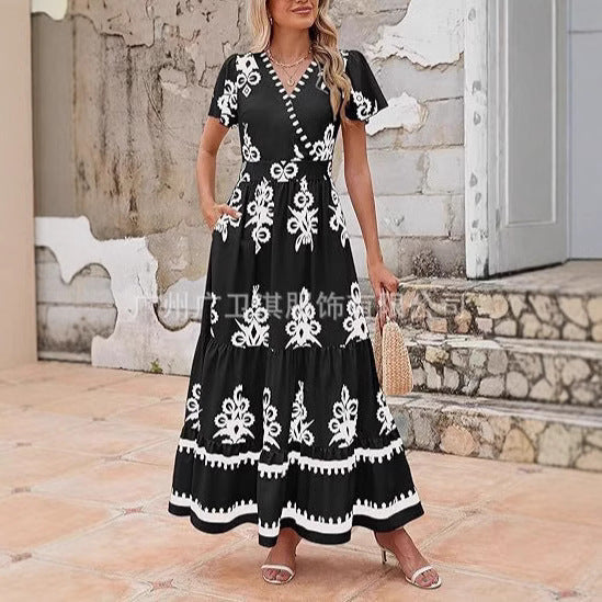 Women’s Maxi Dress – Bohemian A-Line Fit – Floral Print – V-Neck – Short Sleeve