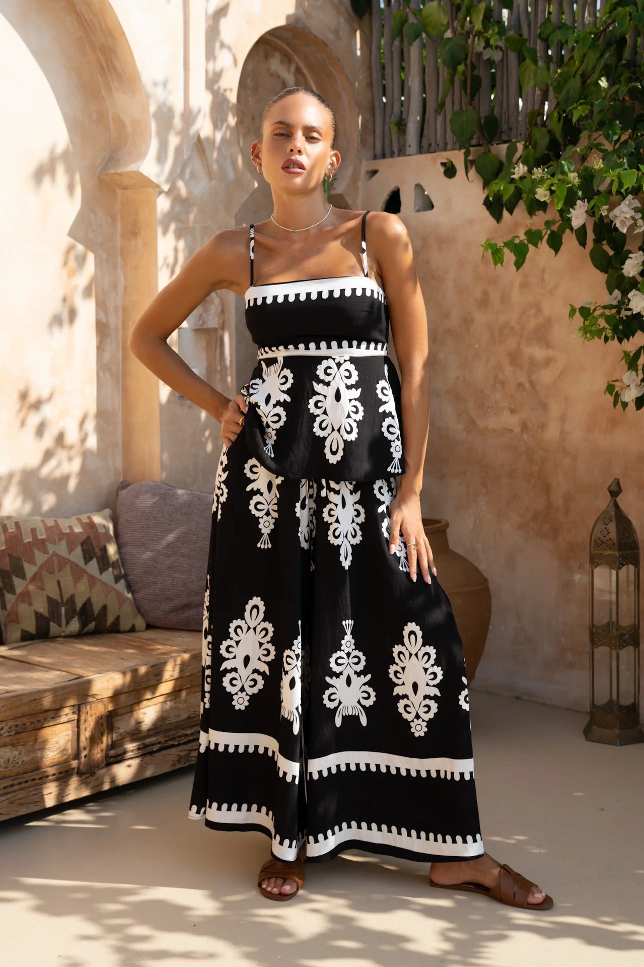 Women’s Two-Piece Set – Cotton Blend – Peplum Top with Spaghetti Straps – Wide Leg Trousers