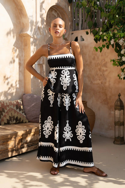 Women’s Two-Piece Set – Cotton Blend – Peplum Top with Spaghetti Straps – Wide Leg Trousers
