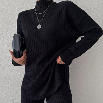 Women’s Knit Set – Ribbed Two-Piece – Relaxed Fit – Semi-High Neck – Full Length