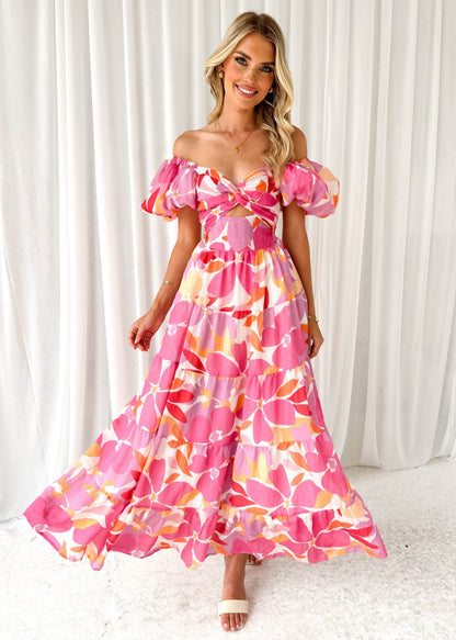 Women’s Maxi Dress – Fit and Flare – Puff Sleeve – Cut-Out Bodice – Tiered Skirt – Printed