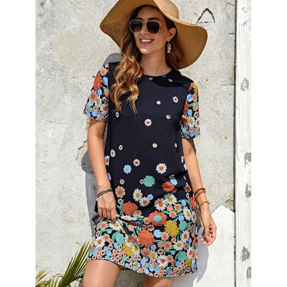 Women’s Midi Dress – Floral Print – Relaxed Fit – Short Sleeve