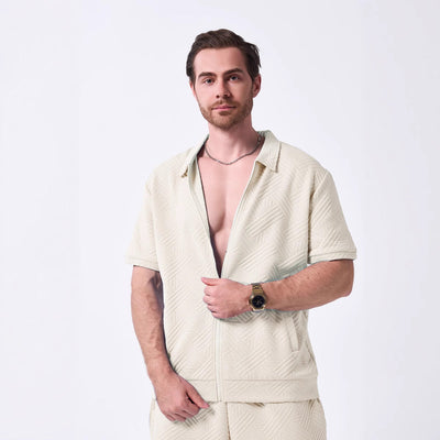 Men’s Short Sleeve Shirt – Relaxed Fit – Zip Front – Textured Cotton Blend – Geometric Pattern