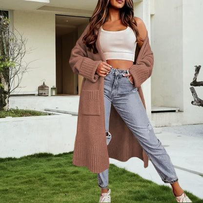 Women’s Long Knitted Cardigan – Wool Blend – Oversized Fit – Open Front with Pockets