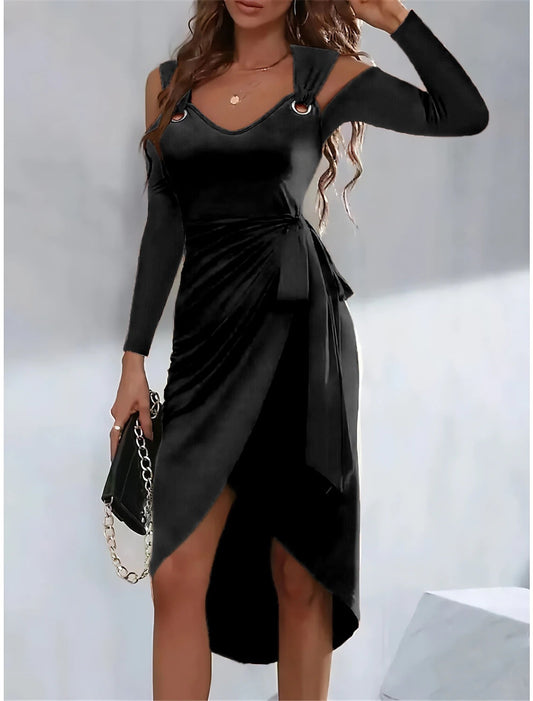 Women’s Strap Dress – Slim Fit – V-Neck – Waist Tie – Shoulder Cut-Out – Asymmetric Hem – Long Sleeve
