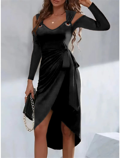 Women’s Strap Dress – Slim Fit – V-Neck – Waist Tie – Shoulder Cut-Out – Asymmetric Hem – Long Sleeve
