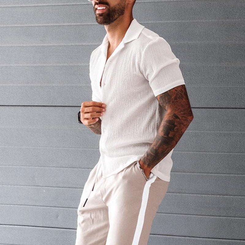 Men’s Short Sleeve Shirt – Cotton Linen Blend – Loose Fit – Button Down Casual Wear