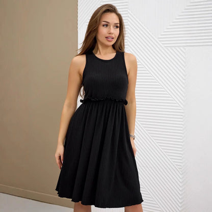 Women’s Midi Dress – Sleeveless A-Line Fit – Ribbed Cotton Blend – High Neck Casual Wear