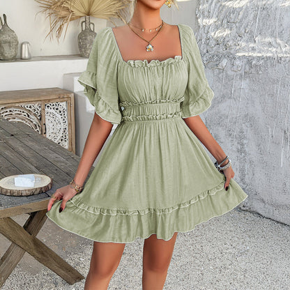 Women’s Mini Dress – Fit and Flare – Smocked Bodice – Ruffle Trim – Short Sleeve