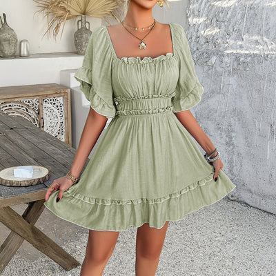 Women’s Mini Dress – Fit and Flare – Smocked Bodice – Ruffle Trim – Short Sleeve