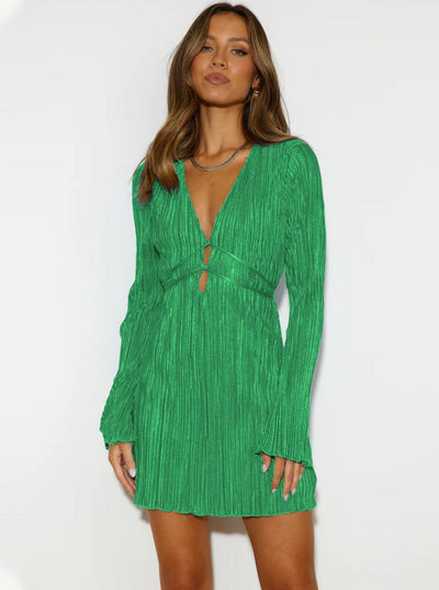 Women’s Bodycon Mini Dress – Deep V-Neck – Cut-Out Bust – Long Sleeve – Pleated Texture