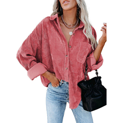 Women’s Button-Up Shirt – Oversized Fit – Textured Fabric – Rolled Sleeves Casual Style