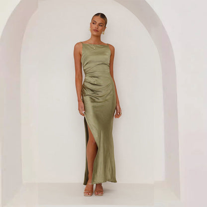 Women’s Midi Dress – Satin Slim Fit – High Neck Sleeveless – Draped Bodice Side Slit