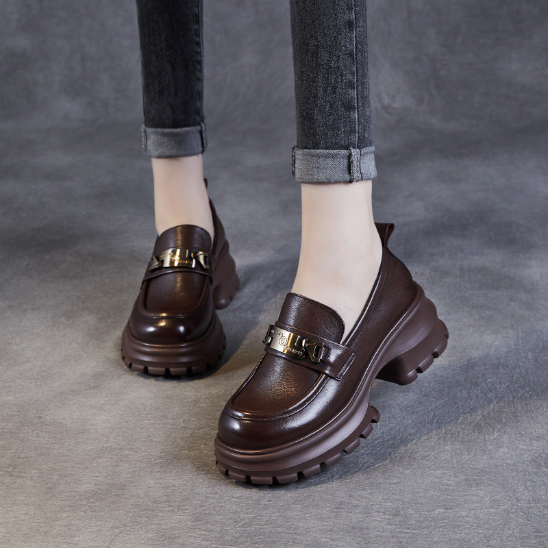 Women’s Loafers – Genuine Leather – Chunky Platform Sole – Metallic Detail – Casual Fit