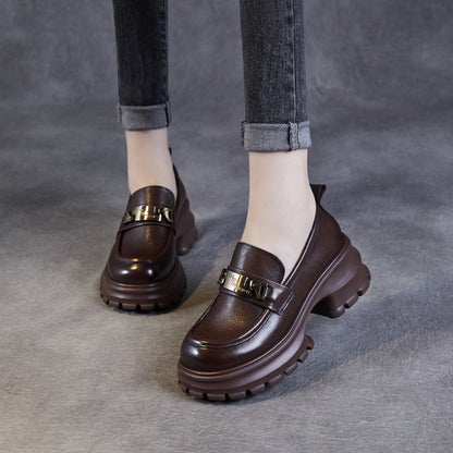 Women’s Loafers – Genuine Leather – Chunky Platform Sole – Metallic Detail – Casual Fit