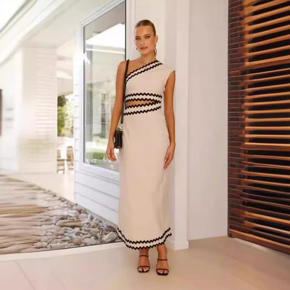 Women’s Maxi Dress – Slim Fit – One Shoulder – Zigzag Trim – Formal Evening Wear