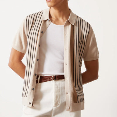 Men’s Polo Shirt – Knitted Fabric – Relaxed Fit – Vertical Stripe – Short Sleeve Casual