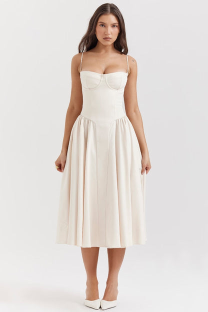 Women’s Midi Dress – Fitted Bodice – Spaghetti Straps – Pleated A-Line Skirt