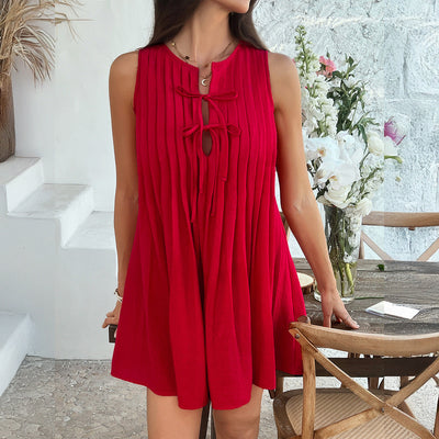 Women’s Sleeveless Dress – A-Line Relaxed Fit – Pleated Front – Tie Neck – Above Knee