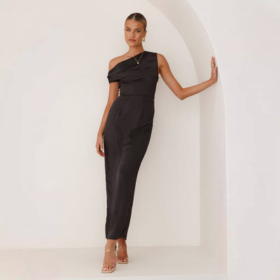 Women’s Midi Dress – One-Shoulder – Draped Bodice – Satin Feel – Bodycon Fit