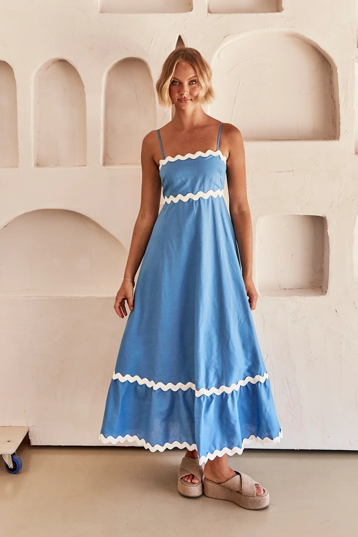 Women’s Long Dress – Slim Fit – Lightweight Cotton – Scalloped Trim – Spaghetti Straps