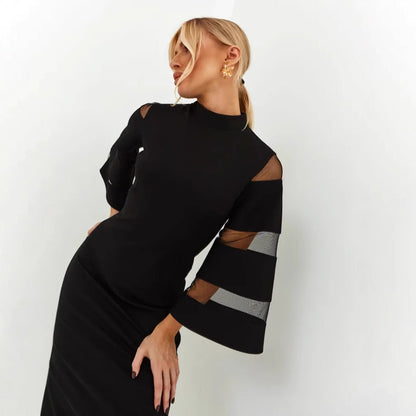 Women’s Midi Dress – Slim Fit Pencil Silhouette – Bell Sleeves – Sheer Panel – Side Slit