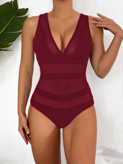 Women’s One-Piece Swimsuit – Form-Fitting – Mesh – Deep V-Neck – Sleek Finish
