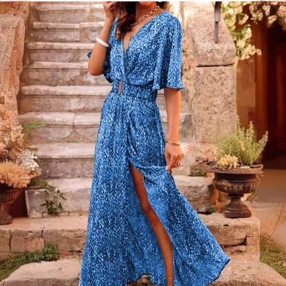 Women’s Maxi Dress – Wrap V-Neck – Belted Waist – Short Sleeve – Side Slit Flowing Fit