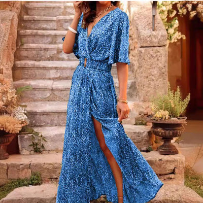 Women’s Maxi Dress – Wrap V-Neck – Belted Waist – Short Sleeve – Side Slit Flowing Fit