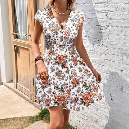 Women’s A-Line Dress – Breathable Blend – Flutter Sleeves – Smocked Waist – V-Neck
