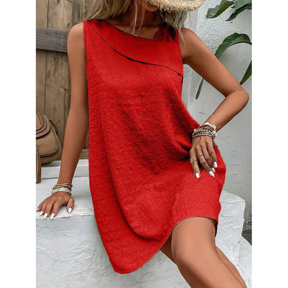 Women's Sleeveless Dress - A-Line Relaxed Fit - Asymmetrical Neckline - Textured Fabric
