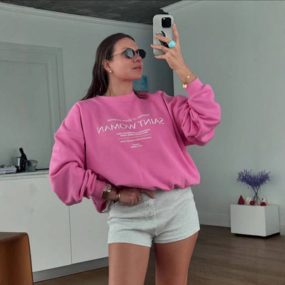 Women’s Sweatshirt – Oversized Fit – Crew Neck – Cotton Blend – Graphic Front – Ribbed Hem