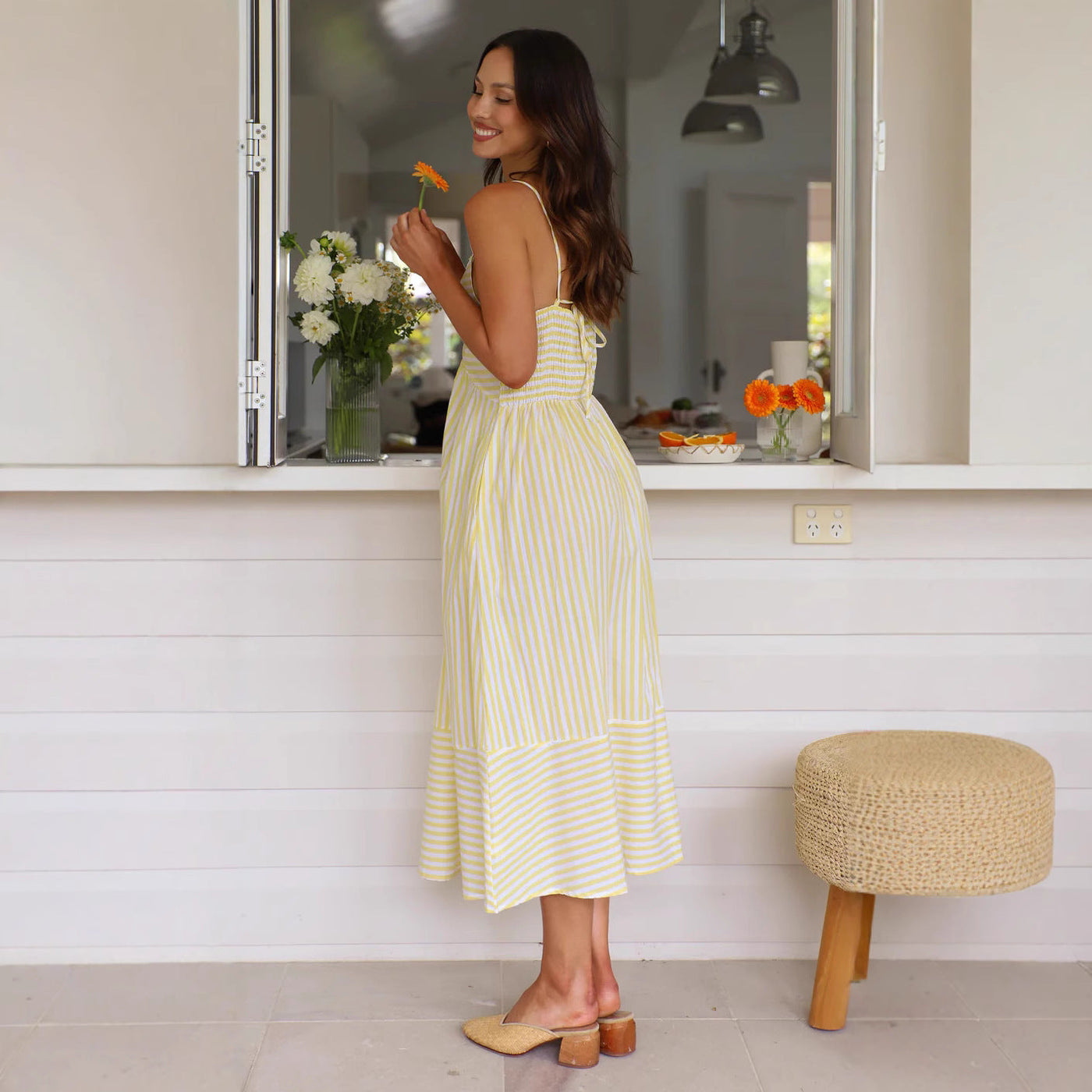 Women’s Midi Sundress – Flowy Fit – V-Neck – Spaghetti Straps – Front Knot Design