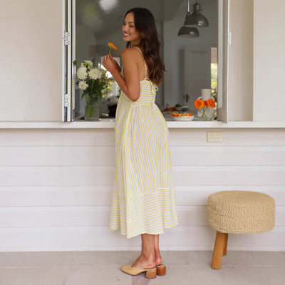 Women’s Midi Sundress – Flowy Fit – V-Neck – Spaghetti Straps – Front Knot Design