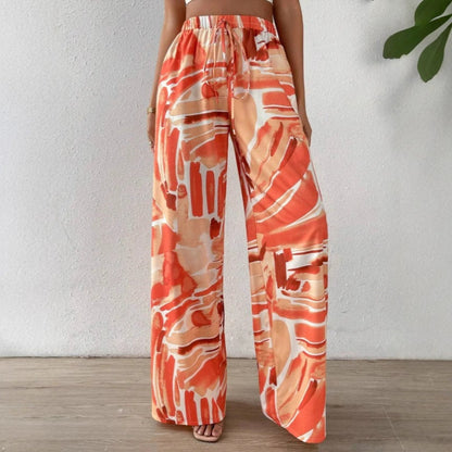 Women’s Wide-Leg Trousers – High Waist – Abstract Print – Full Length – Elastic Waist