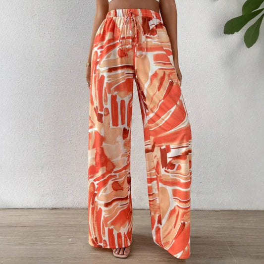 Women’s Wide-Leg Trousers – High Waist – Abstract Print – Full Length – Elastic Waist