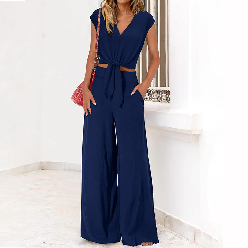 Women’s Two-Piece Set – V-Neck Tie Front Crop Top – High-Waist Wide-Leg Trousers
