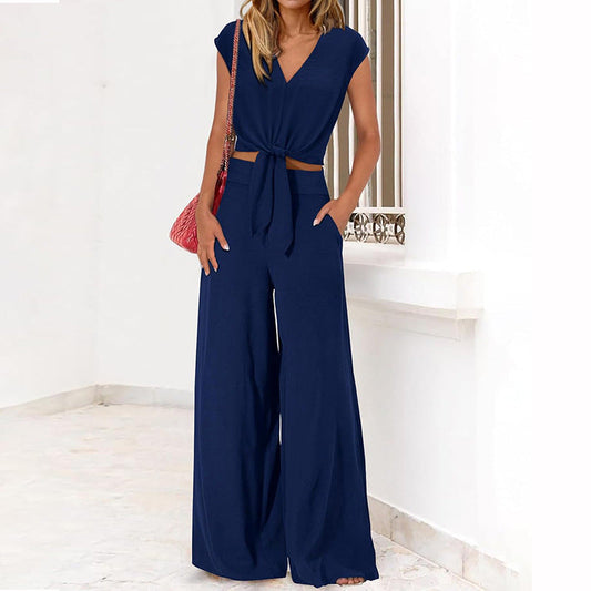 Women’s Two-Piece Set – V-Neck Tie Front Crop Top – High-Waist Wide-Leg Trousers
